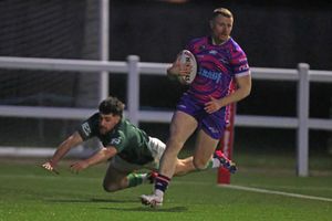 Owen Restall goes over for one of his record five tries. Photo: Andy Shaw