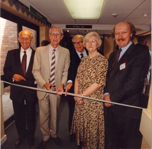 Dr George Kitchen opening the fist Linear Accelerator in Shropshire. From left are Roy Allan, Dr George Kitchen, Frank Davies,  Dr Barbara Marsh, and Anthony McKeever.

