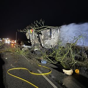 The lorry crashed on the A489. Picture: Mid and West Wales Fire and Rescue Service