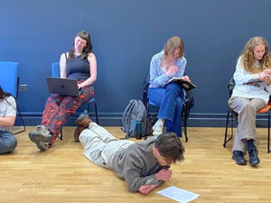 Pentabus Local Young Writers, working in Shrewsbury on May 10th 2025. From L-R: Will Witt, Lily Phelps, Meg Vaughan, Evie Addison, Hamish MacAulay, Hannah King, Alex Mager.