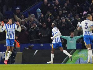 Joao Pedro (left) celebrates scoring