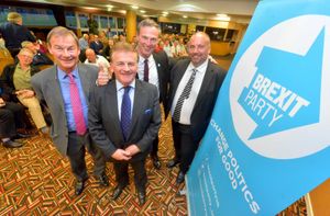 Brexit Party MEPs Rupert Lowe, Andrew Kerr and Martin Daubney with event chairman Bill Etheridge
