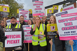 Staff make noise on the picket line outside Halesowen College