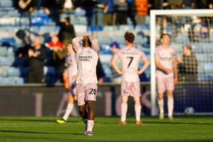 Ismeal Kabia of Shrewsbury Town reacts after Joe Garner of Oldham Athletic scored a goal to make it 2-2