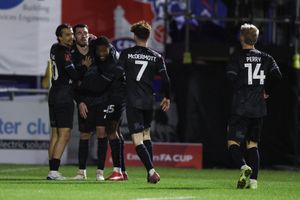 John Marquis of Shrewsbury Town celebrates after scoring a goal to make it 1-2