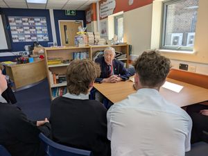 Peter Roth, aged 98, tells Lakelands students how he served on a minesweeper in the Far East