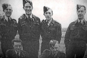 Shrewsbury's Flight Lieutenant Douglas Stewart, the pilot, is far right. Flight Engineer Ronald Pascoe Barton is kneeling, right