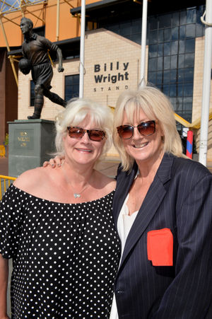 Vicky was a keen Wolves supporter. She is pictured with her sister Babette Woodham by the Billy Wright statue at Molineux