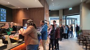 Inside the new Starbucks outlet in the Telford Centre - opening morning queue