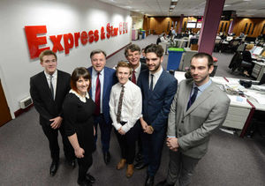 Ed Balls and Rob Marris, with apprentices (left-right) Jamie Brassington, Becky Weaver, Tom Oakley, Joe Edwards, and Mat Growcott