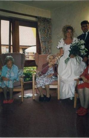 Claire and her new husband Rob visit Innage Grange after their wedding to visit residents who couldn't attend the church