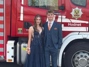Supporting image for story: Prom in pictures: Shropshire students swap textbooks for tuxedos and gowns with one young couple arriving in a fire engine