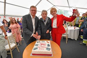 90th anniversary celebration at Altrad RMD Kwikform, Aldridge. L-R: Mark Pickard, Mike Hathaway, aged 82, and Wendy Morton MP