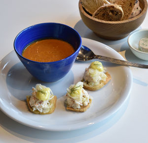 Bowled over – fish soup with crab crackers