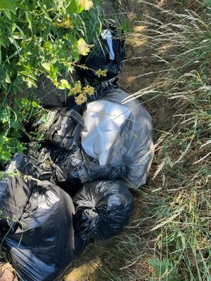 A number of bags and containers discarded along the same route.