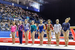 Far right, Alice Kinsella at the 2018 Gymnastics World Cup, held at Arena Birmingham. Pic: Chris Bowley