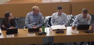 Andy Wilde (second from the right) talks to Shropshire Council\'s Audit Committee about the current status of the North West Relief Road project. Picture: Shropshire Council\'s You Tube channel