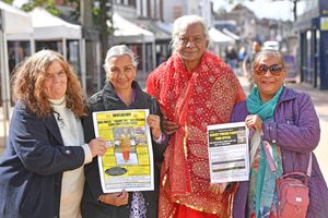 80-year-old Guru Ji Singh is raising money for flood victims in the Punjab. Pictured with left, Gloria Hodgitts , Deepo Paul  and Sharon Bains.