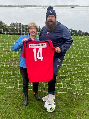 Jan Jennings from the Richardson Brothers Foundation with Luke Cotterill, founder and manager of Warley Athletic FC