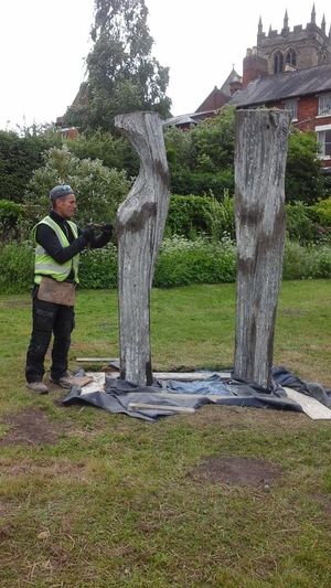 Nick Eames putting the finishing touches to his abstract sculptures, The Sisters, representing Eglantyne Jebb and her sister, Dorothy Buxton