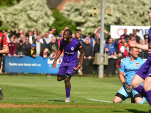 Jahdahn Fridye-Harper scored the all important third to help clinch promotion. Pic: Kieren Griffin