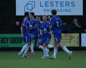 Tom Thorley celebrates scoring an equaliser in Chasetown's 1-1 draw. (Image by Dave Birt)
