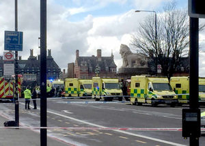 Ambulances line up on Westminster Bridge where several people were hit by a car