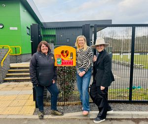 Bridgnorth Rugby Club has received a new defibrillator. In picture from left to right: Club Secretary Nerys Arch, trustee atThe Henry Angell James Memorial Trust Claire Marsh and charity founder Sally Angell-James.