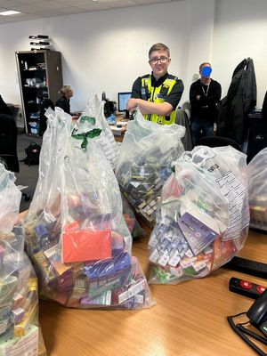 An officer from Rowley Regis LPU with vapes and tobacco seized today