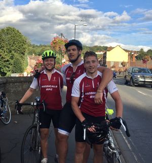 Fenn Newsome, Giles Themans and Alex Hayton cycling into Bridgnorth 