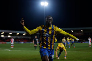 Dan Udoh of Shrewsbury Town celebrates after scoring a goal to make it 0-3 (AMA)