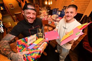 Lockside Steakhouse in Stourbridge. In the cap is owner Matthew Lemm, and with him in white is Michael Withnall (MenLikeMike). They are pictured with just a selection of cards that are to fulfil the wish of a poorly little girl Amelia.
She wanted the most birthday cards that anybody has ever been given for her birthday and the campaign has already passed the stated 8,000 target,