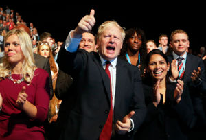 Prime Minister Boris Johnson gives a thumb up after Sajid Javid, Chancellor of the Exchequer, delivered his speech at the Conservative Party Conference in Manchester