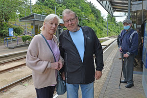 Malcolm and Annette Ford from Bilston, waiting for the tram at The Crescent.