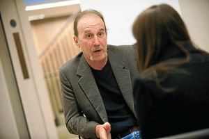 Ray Krone talking to feature writer Elizabeth Joyce