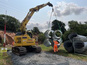 Some of the large metal tubes used to form the temporary culvert. Photo: SVR/Lesley Carr
