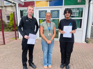 Jack Wills and Pavanjit Kooner celebrated with Lisa Mason, Principal of Ormiston Forge Academy.