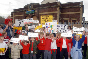Youngsters and adults protesting outside Tipton Baths in 2003 as part of the campaign to save it