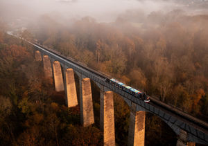 The Spiritual Currencies artwork travelling across Pontcysyllte Aqueduct in 2024. Photo: Leon Bowen