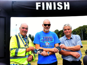 Winner in the Open 50+ category - Gary Cartwright with Hugh Garner of Builth Wells Rotary - helped sponsor event and provided volunteers on the day and Builth Wells Deputy Mayor Councillor Alan Waller. Image by Ted Edwards Photography