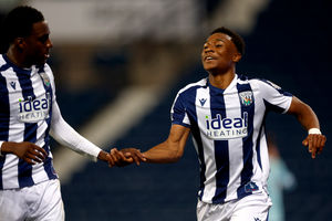 Souleyman Mandey, left, and Jaiden Francis-Caesar celebrate after Juventus defender Bruno Martinez Crous scored a calamitous own goal at The Hawthorns to open the scoring. (Photo by Adam Fradgley/West Bromwich Albion FC via Getty Images)