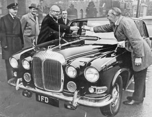 December 1969: Dudley's new mayoral car, an eight-seat, four-litre Daimler limousine - is handed over. But the mayor, Councillor Bill Henley, wasn't at the ceremony - he was in bed with flu. Instead, his deputy, Councillor Joe Rowley, received the keys from Mr J B Parker, group charman of P J Evans Ltd. Also in the picture are chauffeur Frank Hoffman (left) and next to him is town clerk Mr P D Wadsworth. Behind the car is Day and Mansell general manager Mr W B Clapcotet. Mr Rowley said later: 'It's a very nice job and not over-elaborate. It was an absolute necessity because the previous car was repeatedly breaking down and leaving the mayor stranded.' The cost of the new car: £5,000.