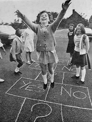Yes or No – which way to jump? A variation of hopscotch on referendum day, 1975, for 11-year-old Elizabeth Wood and her friends at Ercall Junior School, Wellington.