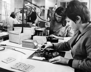 Decca factory at Bridgnorth making cassette tapes, October 8, 1969, the caption reads: 'Using buildings built in Bridgnorth in the 1820s, the Decca Record Co. started last month producing a new commodity - tape cassettes - ready for the 1970s. Already large export orders for cassettes have been secured and in 1970 Decca plans to launch its cassettes, pocket-sized containers of taped music, on the home market.' 