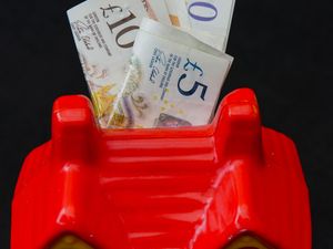 A house-shaped money box with some cash sticking out of it