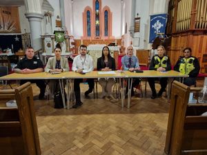 The residents meeting was chaired by Willenhall ward councillors, Amandeep Garcha, Poonam Gill and Josh Whitehouse.
Pictured (L:R) Crew Commander Matt Warrilow, Councillor Gill, Councillor Whitehouse, Councillor Garcha, Walsall Council traffic management team's Graham Wallis, and PC Burdon from the Willenhall Neighbourhood Policing team.