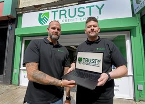 The UK's only no credit check retail store - Trusty in Dudley Street, Wolverhampton. Director Andy Perry and store manager Greg Harris.