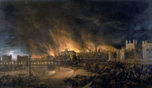 A painting depicting the Great Fire of London of 1666, with flames about to engulf old St Paul's Cathedral.
