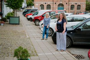 Special social distancing signs have been painted on the floor around Montgomery listing two metres in different measurements. In picture: Claudia Jones and Katrina Collins.