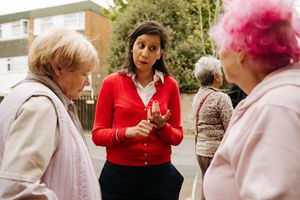 Sonia Kumar talks with campaigners outside Ladies Walk Centre in Sedgley